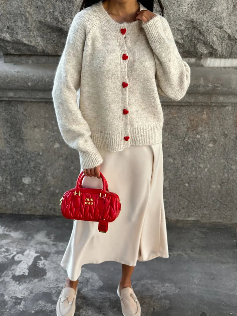 Crew Neck Cashmere Knit Cardigan - Long Sleeve Button-Through Sweater