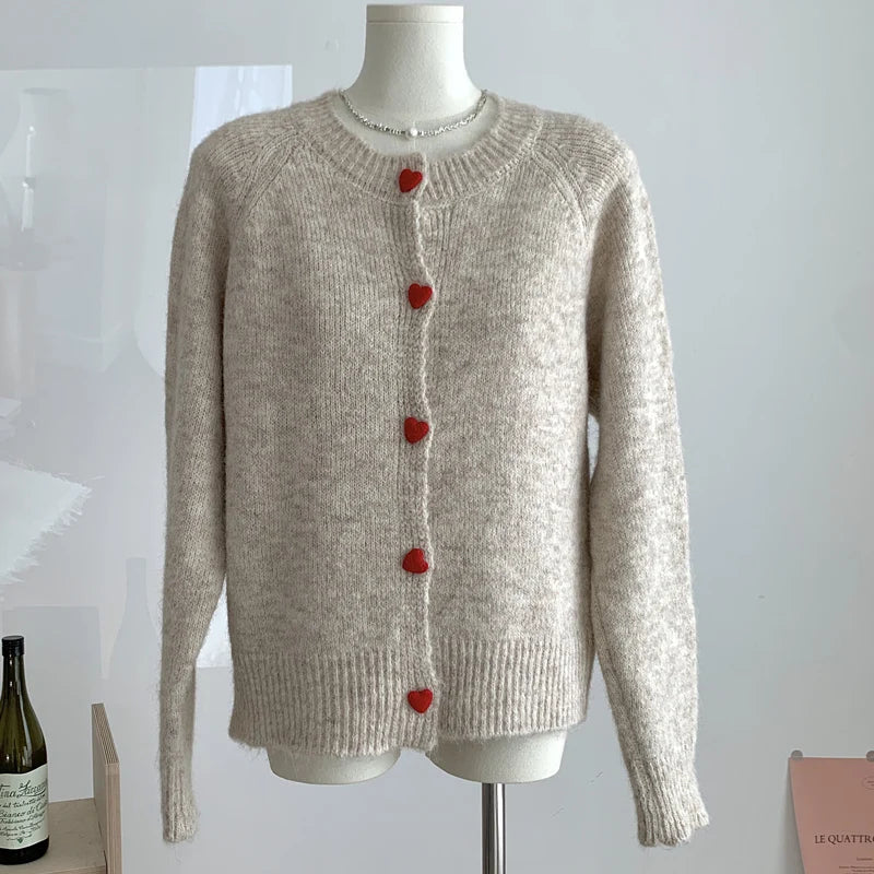 Crew Neck Cashmere Knit Cardigan - Long Sleeve Button-Through Sweater
