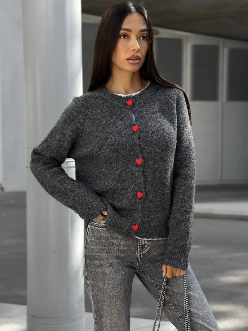 Crew Neck Cashmere Knit Cardigan - Long Sleeve Button-Through Sweater