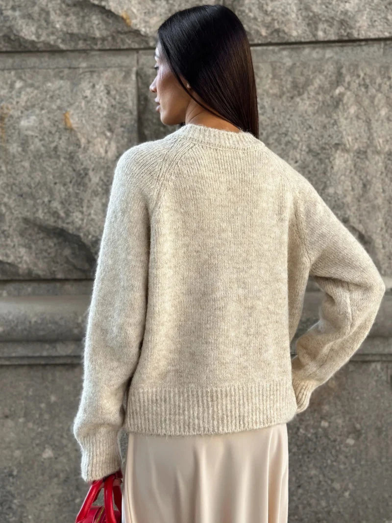 Crew Neck Cashmere Knit Cardigan - Long Sleeve Button-Through Sweater