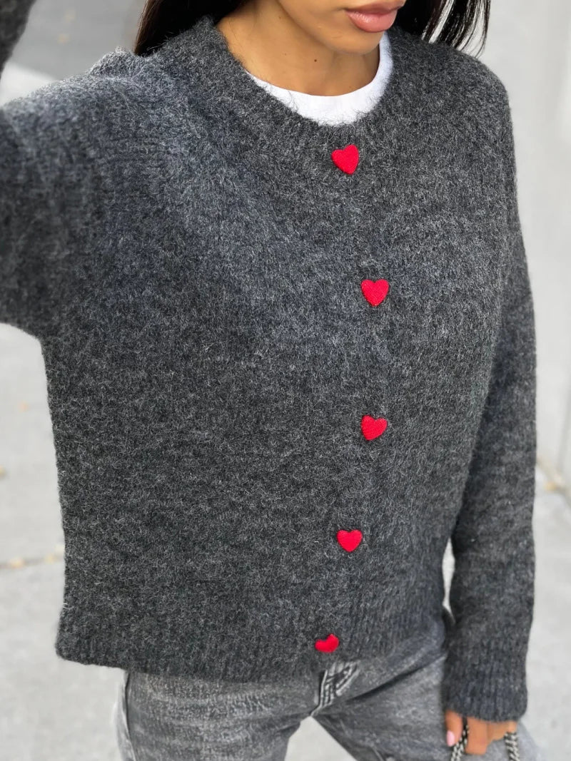 Crew Neck Cashmere Knit Cardigan - Long Sleeve Button-Through Sweater