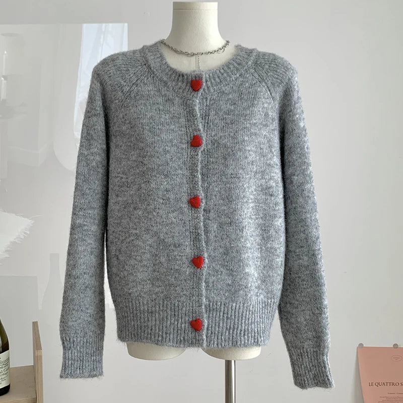 Crew Neck Cashmere Knit Cardigan - Long Sleeve Button-Through Sweater