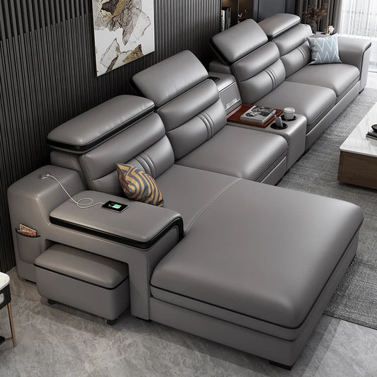 Leather Sectional Sofa Set with Cup Holder, USB, Adjustable Headrests & Bluetooth Speaker