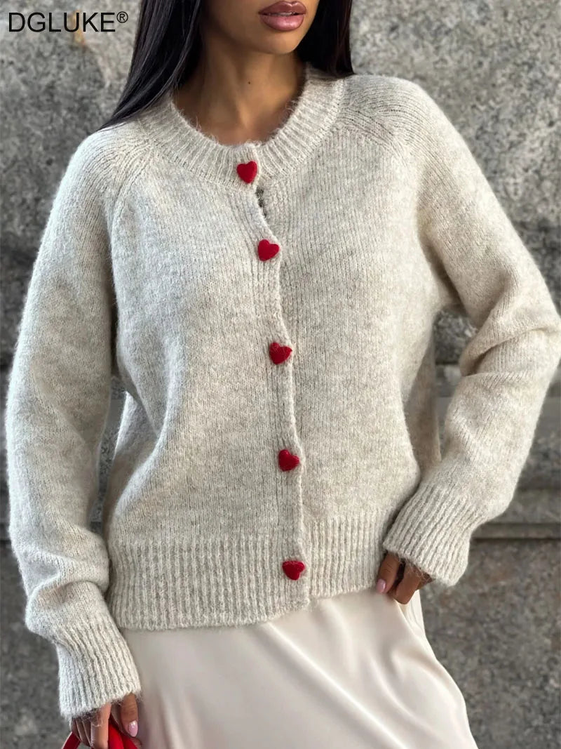 Crew Neck Cashmere Knit Cardigan - Long Sleeve Button-Through Sweater